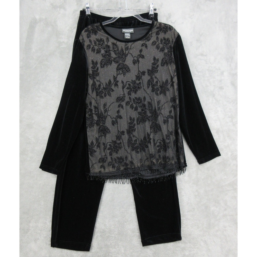 Notations Pant Set Womens Size M Velvet Beaded Sheer Lace Party Holiday Event